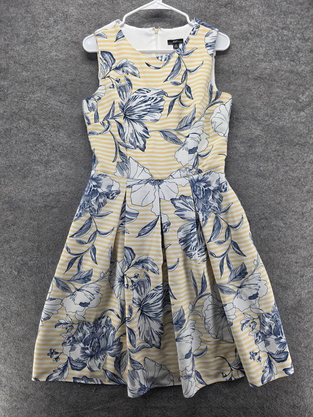 R&K Dress Womens 8 Yellow Fit & Flare Short Sleeveless Floral Polyester Lined